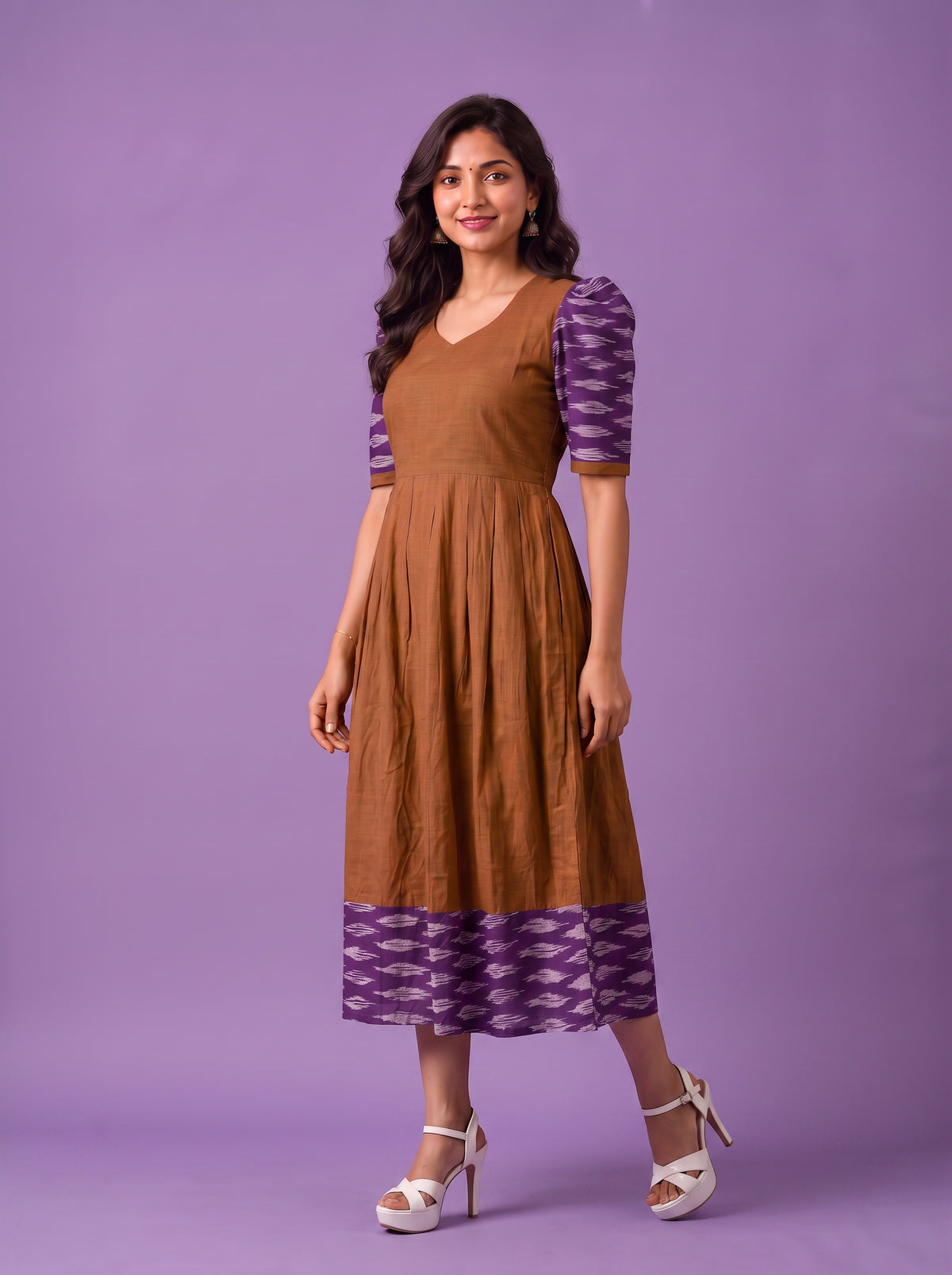 Handloom Ikkat Cotton Frock in Coffee Brown Colour with Purple Ikkat Puff Sleeves | Half-Length Lining | Ready to Wear