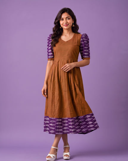 Handloom Ikkat Cotton Frock in Coffee Brown Colour with Purple Ikkat Puff Sleeves | Half-Length Lining | Ready to Wear