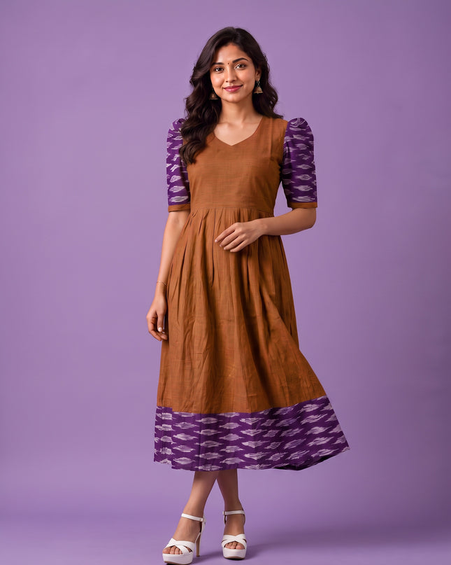 Handloom Ikkat Cotton Frock in Coffee Brown Colour with Purple Ikkat Puff Sleeves | Half-Length Lining | Ready to Wear