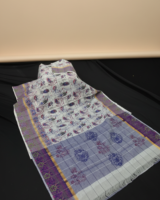 Chirala cotton saree half white shade and printed blouse
