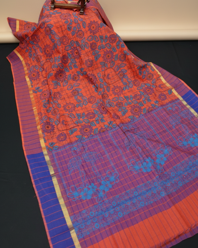 Chirala cotton saree half Orange shade and printed blouse