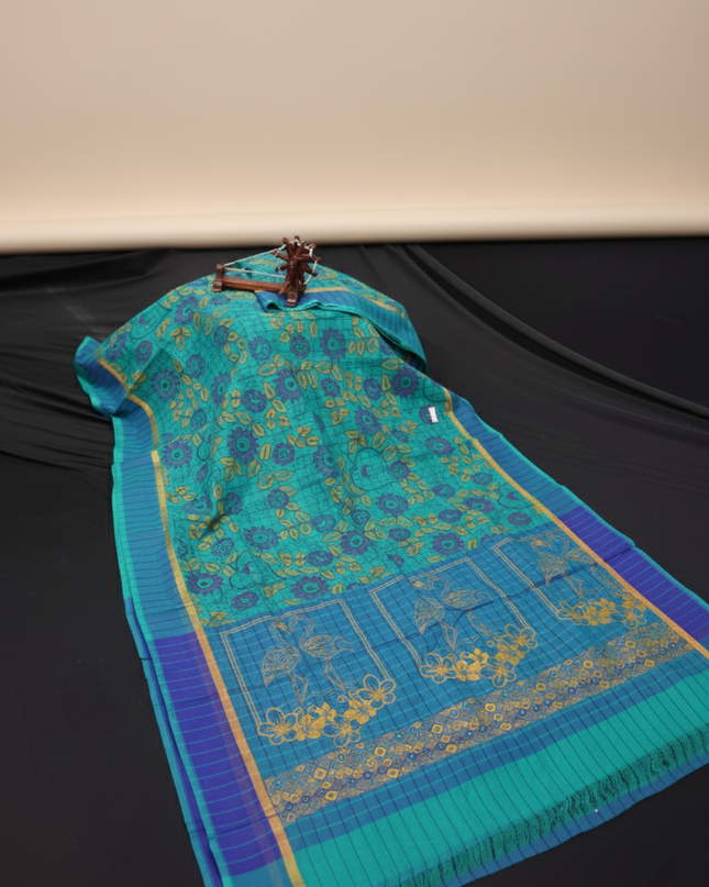Chirala cotton saree half Green shade and printed blouse
