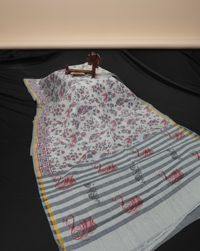 Chirala cotton saree half white shade and printed blouse