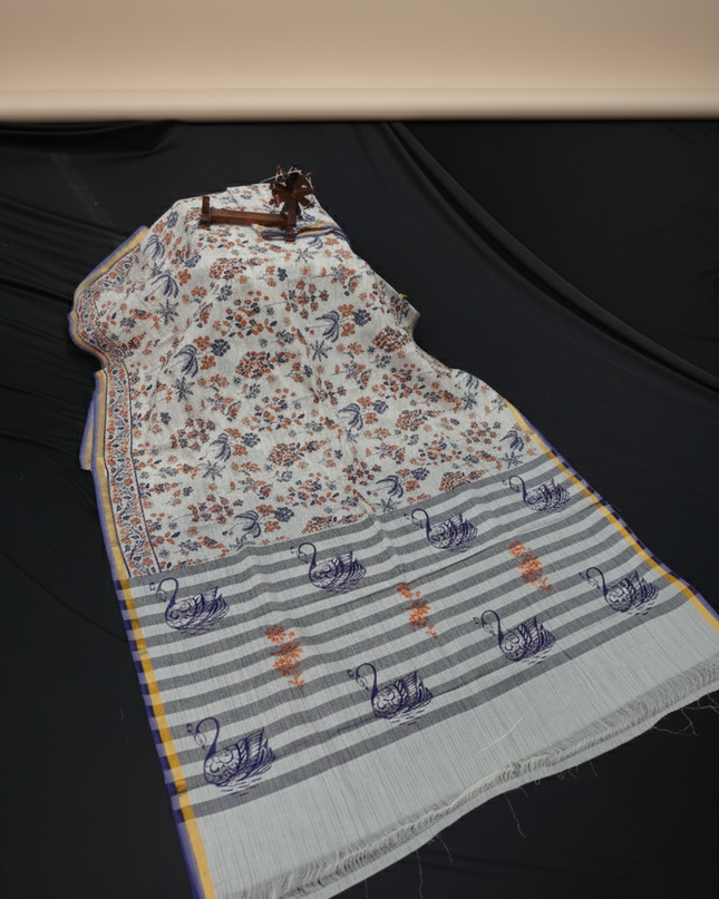 Chirala cotton saree half white shade and printed blouse