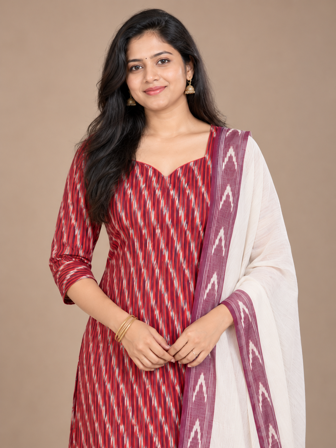 Premium Pochampally Ikat Handloom 3PC Kurti Set in Maroon & White | Stylish Neck Patten