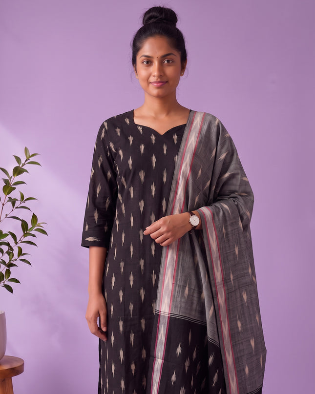 Premium Pochampally Ikat Handloom 3PC Kurti Set in Classic Black | Elegant Ready-to-Wear Ensemble