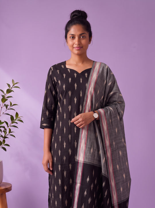 Premium Pochampally Ikat Handloom 3PC Kurti Set in Classic Black | Elegant Ready-to-Wear Ensemble