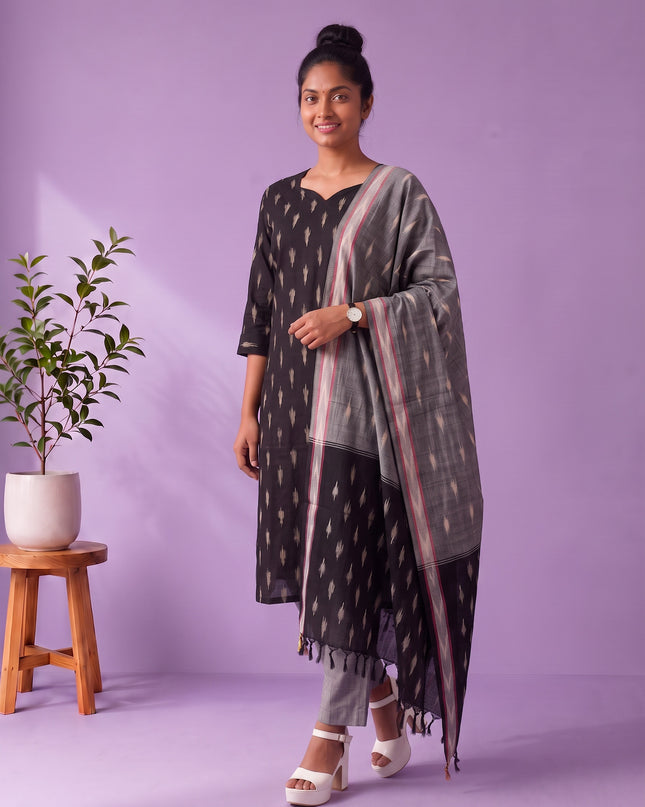 Premium Pochampally Ikat Handloom 3PC Kurti Set in Classic Black | Elegant Ready-to-Wear Ensemble
