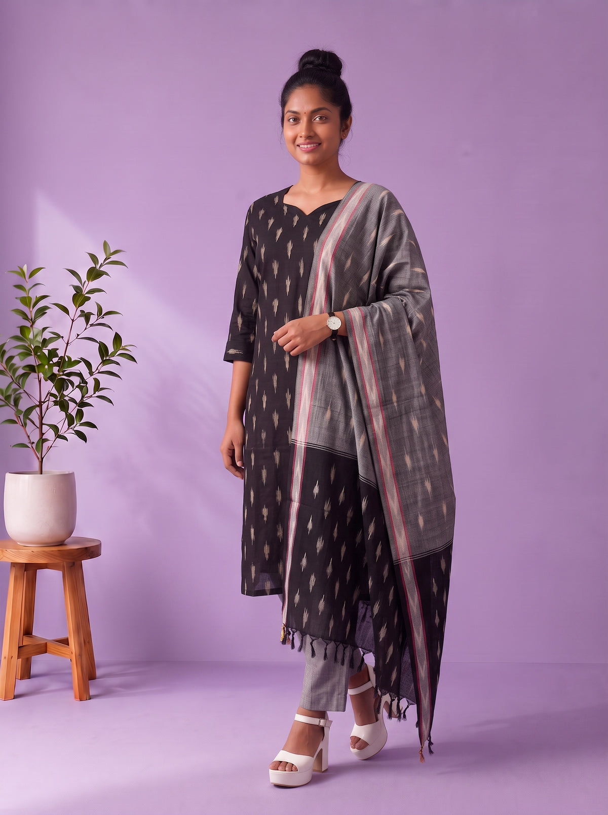 Premium Pochampally Ikat Handloom 3PC Kurti Set in Classic Black | Elegant Ready-to-Wear Ensemble