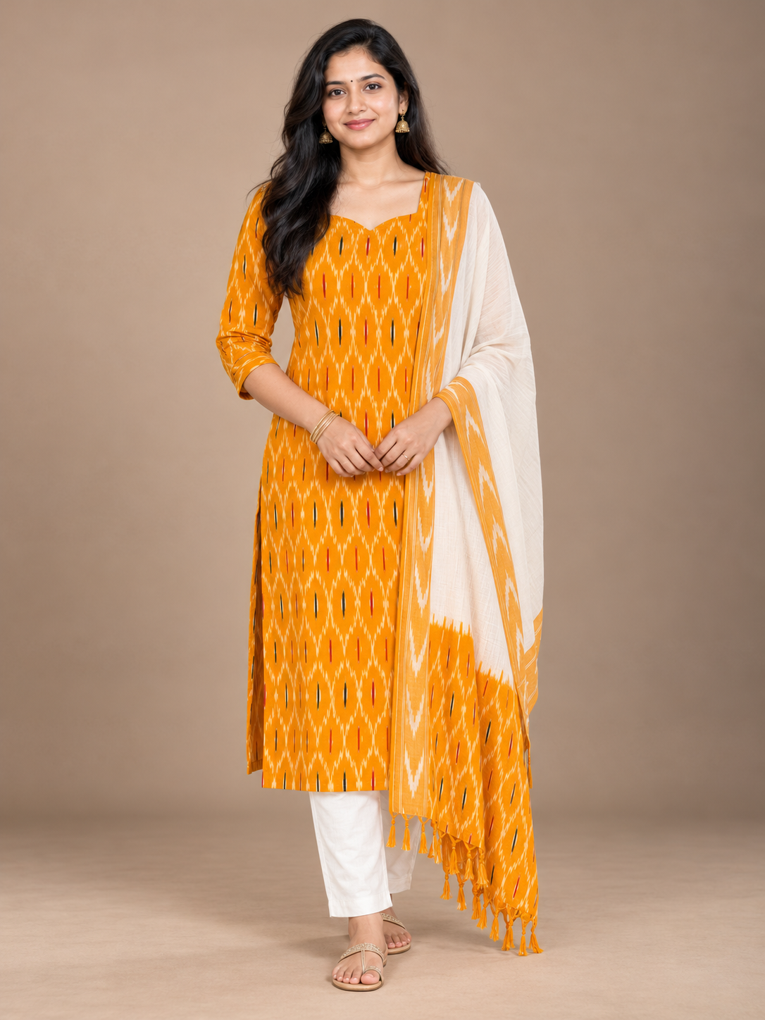 Premium Pochampally Ikat Handloom 3PC Kurti Set in Mustard Orange & White | Stylish Neck Patten
