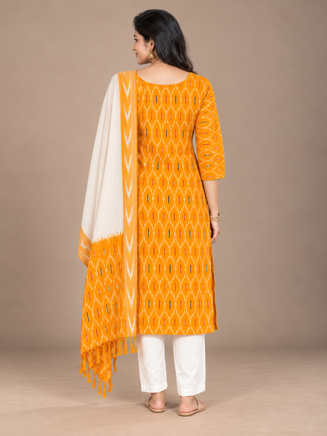 Premium Pochampally Ikat Handloom 3PC Kurti Set in Mustard Orange & White | Stylish Neck Patten