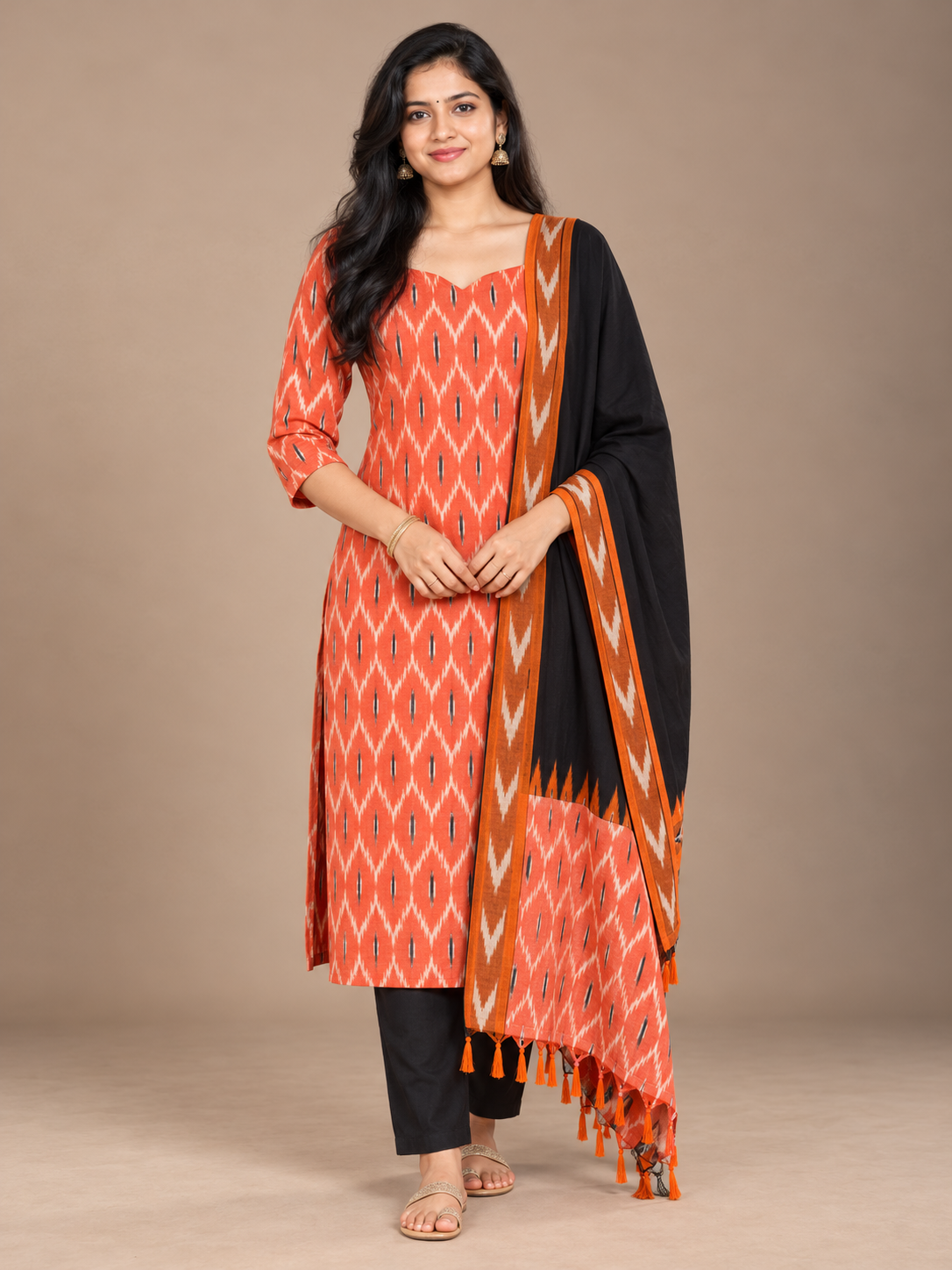 Premium Pochampally Ikat Handloom 3PC Kurti Set in Coral Orange & Black | Stylish Neck Patten