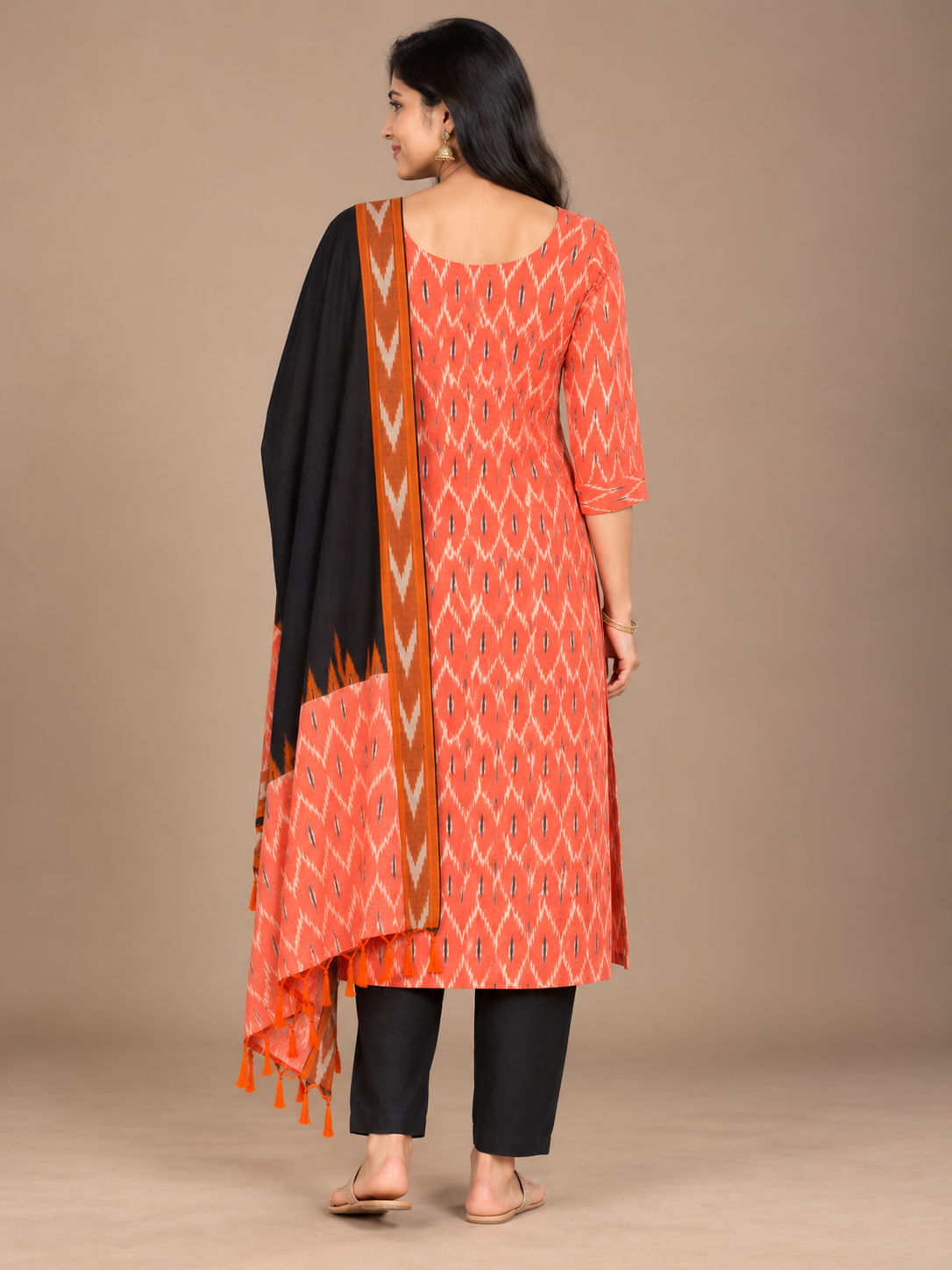 Premium Pochampally Ikat Handloom 3PC Kurti Set in Coral Orange & Black | Stylish Neck Patten