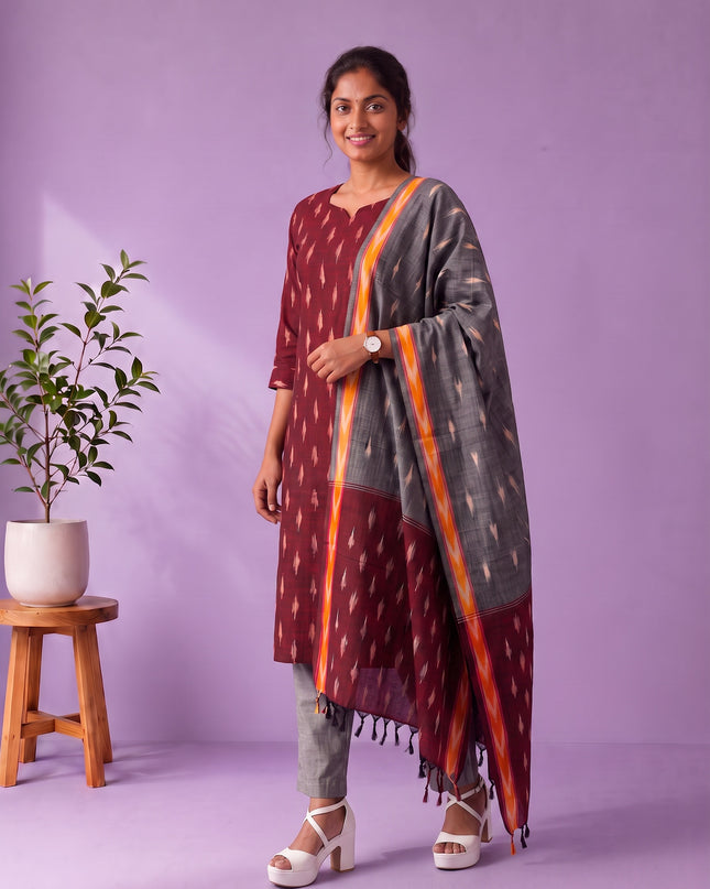 Premium Pochampally Ikat Handloom 3PC Kurti Set in Rich Maroon | Elegant Ready-to-Wear Ensemble