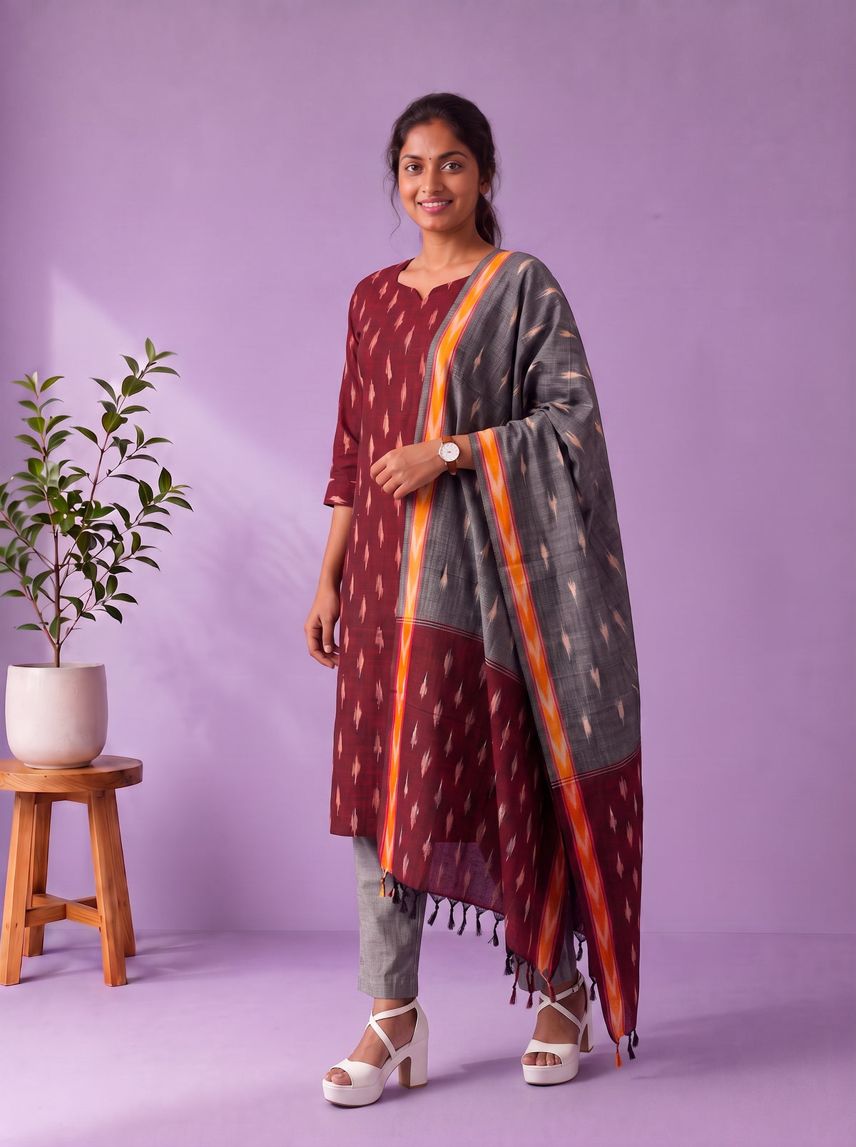 Premium Pochampally Ikat Handloom 3PC Kurti Set in Rich Maroon | Elegant Ready-to-Wear Ensemble