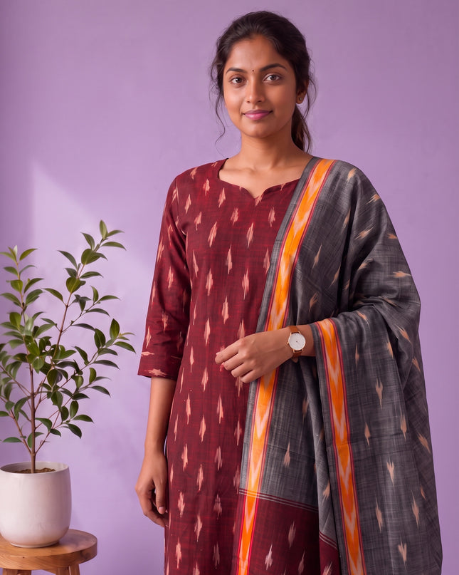 Premium Pochampally Ikat Handloom 3PC Kurti Set in Rich Maroon | Elegant Ready-to-Wear Ensemble