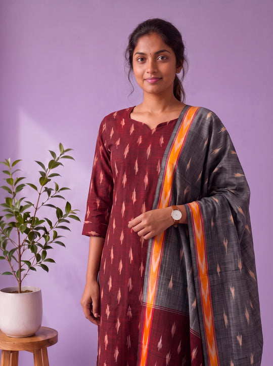 Premium Pochampally Ikat Handloom 3PC Kurti Set in Rich Maroon | Elegant Ready-to-Wear Ensemble