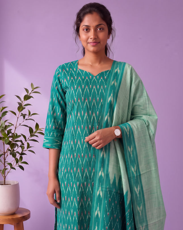 Premium Pochampally Ikat Handloom 3PC Kurti Set in Elegant Teal Blue | Ready-to-Wear Ensemble