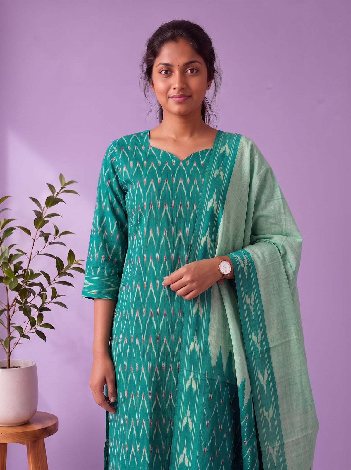 Premium Pochampally Ikat Handloom 3PC Kurti Set in Elegant Teal Blue | Ready-to-Wear Ensemble