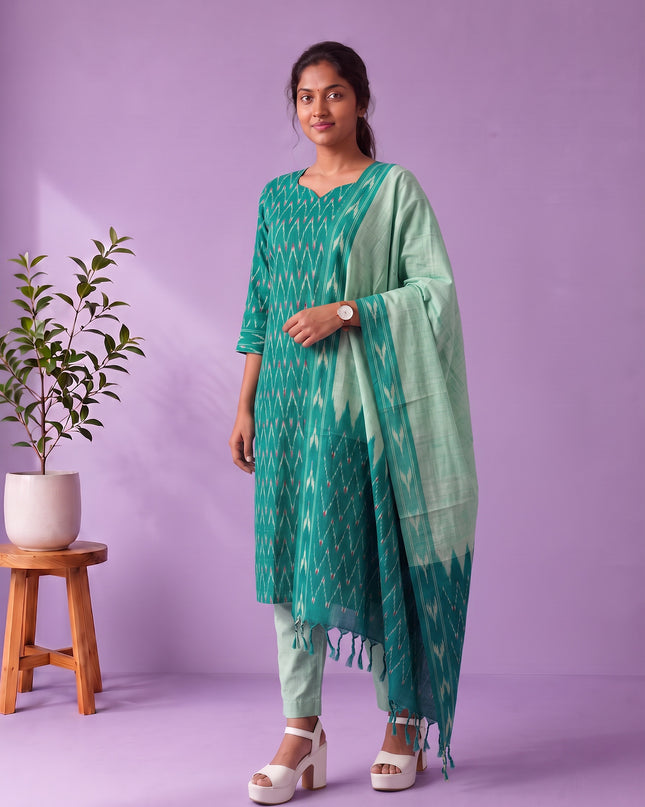 Premium Pochampally Ikat Handloom 3PC Kurti Set in Elegant Teal Blue | Ready-to-Wear Ensemble