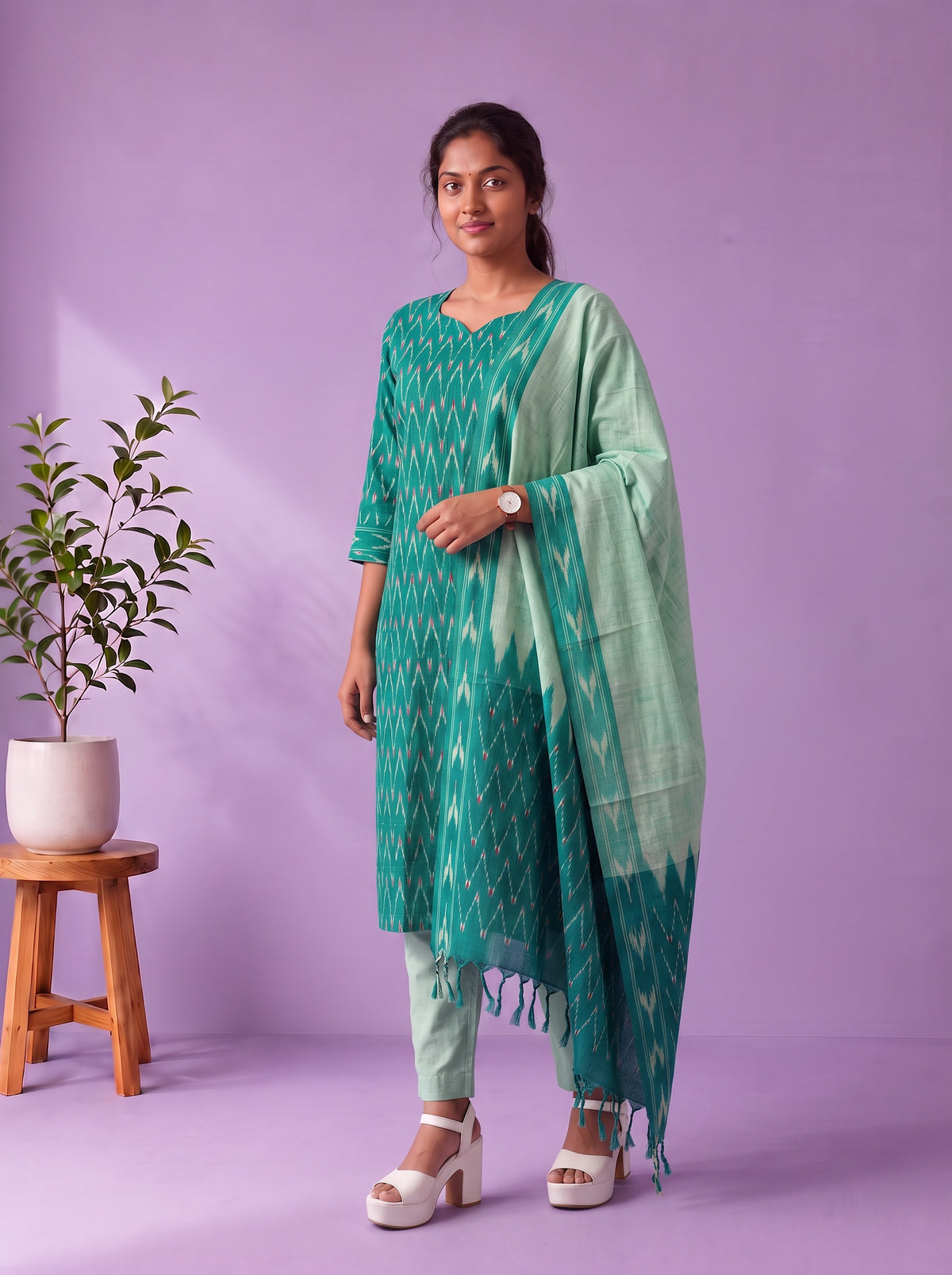Premium Pochampally Ikat Handloom 3PC Kurti Set in Elegant Teal Blue | Ready-to-Wear Ensemble