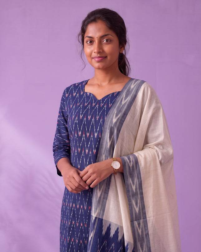 Premium Pochampally Ikat Handloom 3PC Kurti Set in Royal Navy Blue | Ready-to-Wear Ensemble