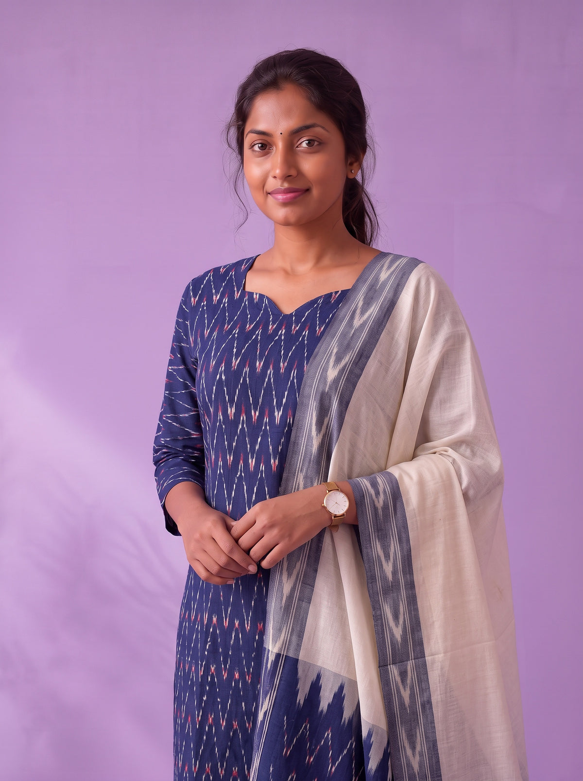 Premium Pochampally Ikat Handloom 3PC Kurti Set in Royal Navy Blue | Ready-to-Wear Ensemble