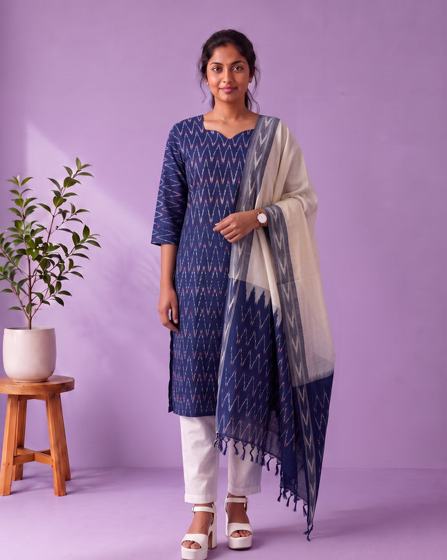 Premium Pochampally Ikat Handloom 3PC Kurti Set in Royal Navy Blue | Ready-to-Wear Ensemble