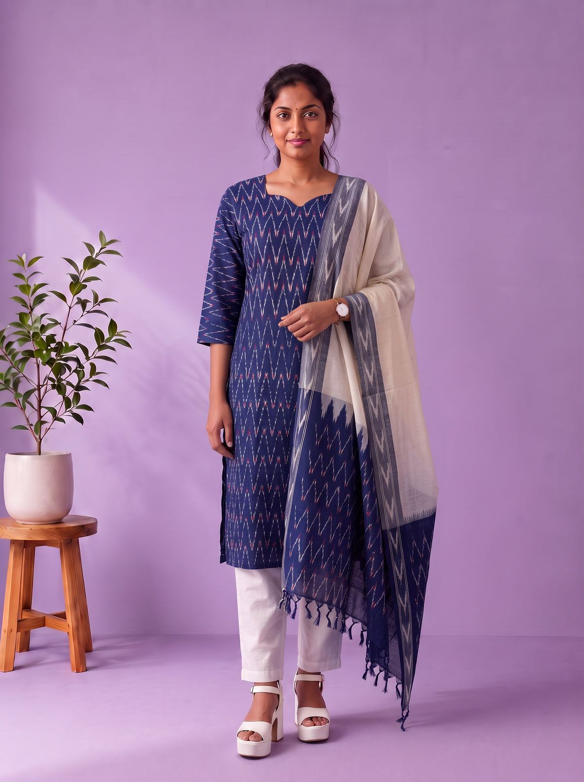 Premium Pochampally Ikat Handloom 3PC Kurti Set in Royal Navy Blue | Ready-to-Wear Ensemble