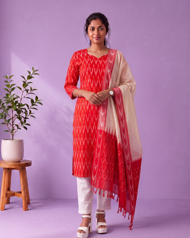 Premium Pochampally Ikat Handloom 3PC Kurti Set in Vibrant Red | Ready-to-Wear Ensemble