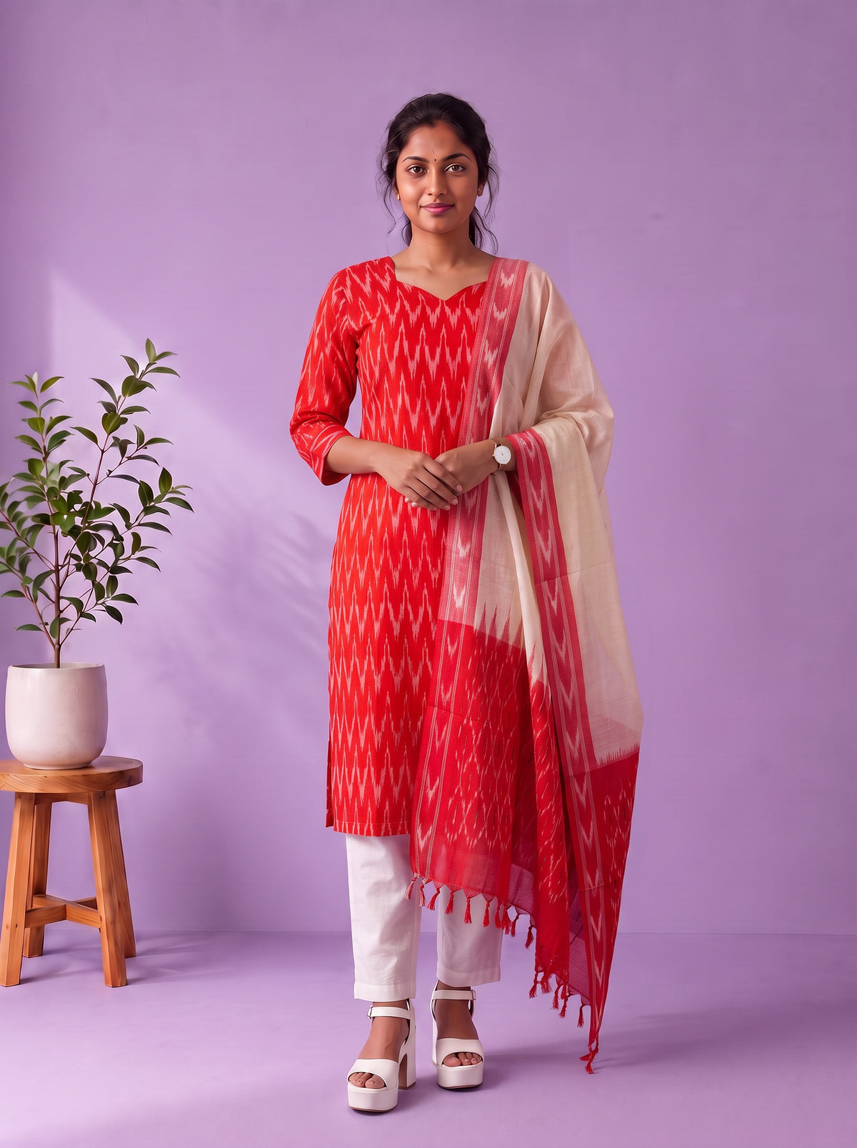 Premium Pochampally Ikat Handloom 3PC Kurti Set in Vibrant Red | Ready-to-Wear Ensemble