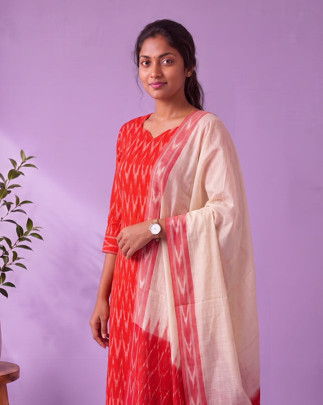Premium Pochampally Ikat Handloom 3PC Kurti Set in Vibrant Red | Ready-to-Wear Ensemble