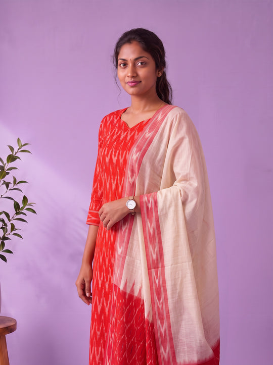 Premium Pochampally Ikat Handloom 3PC Kurti Set in Vibrant Red | Ready-to-Wear Ensemble