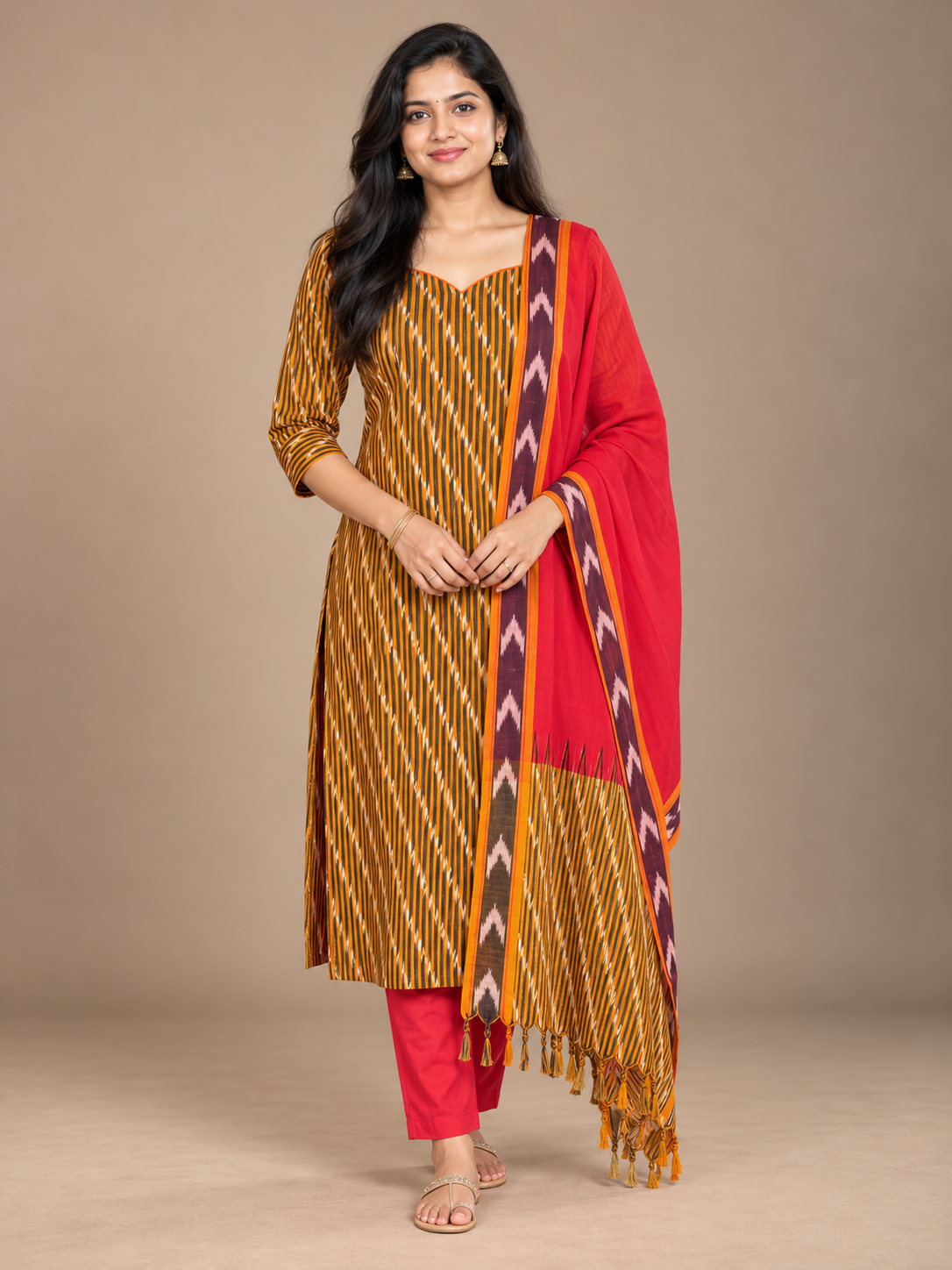 Premium Pochampally Ikat Handloom 3PC Kurti Set in Mustard Brown & Red | Stylish Neck Patten