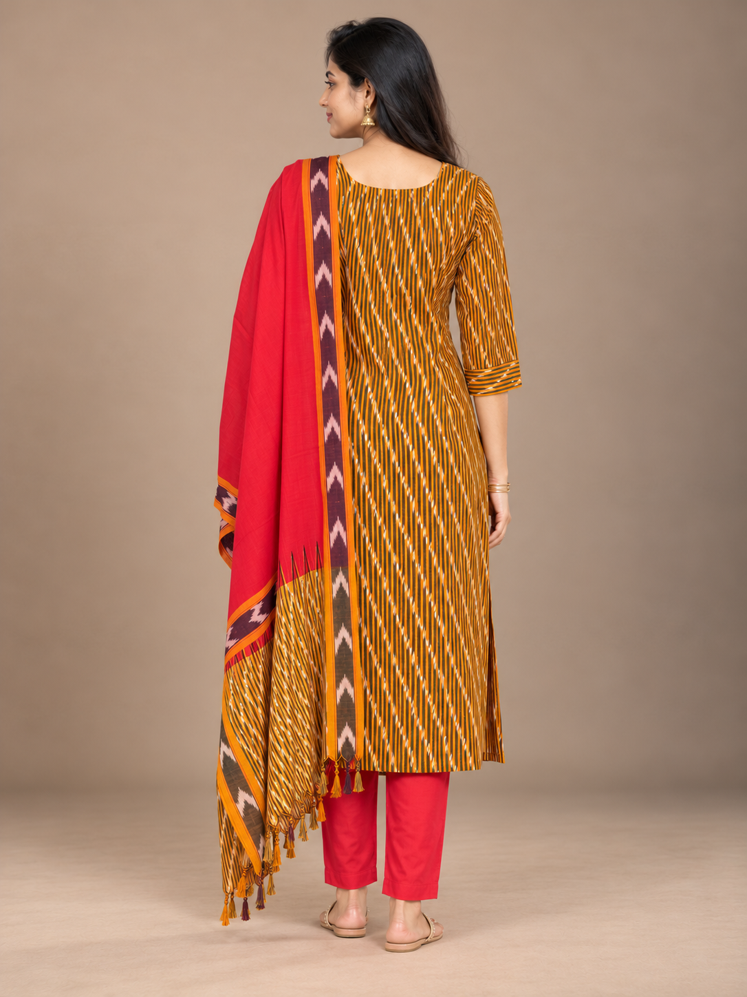 Premium Pochampally Ikat Handloom 3PC Kurti Set in Mustard Brown & Red | Stylish Neck Patten