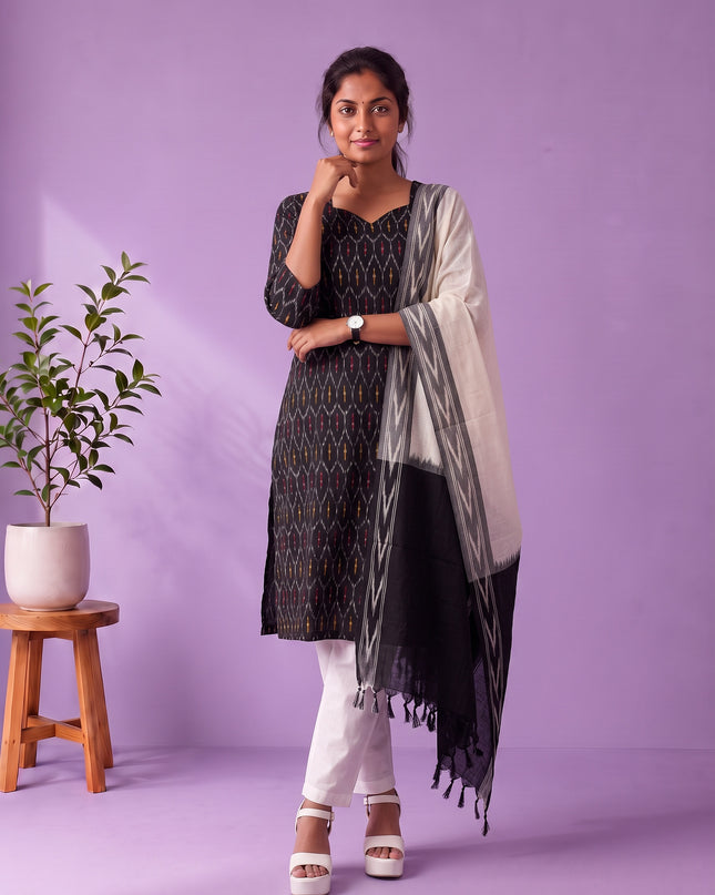 Premium Pochampally Ikat Handloom 3PC Kurti Set in Classic Black | Elegant Ready-to-Wear Ensemble