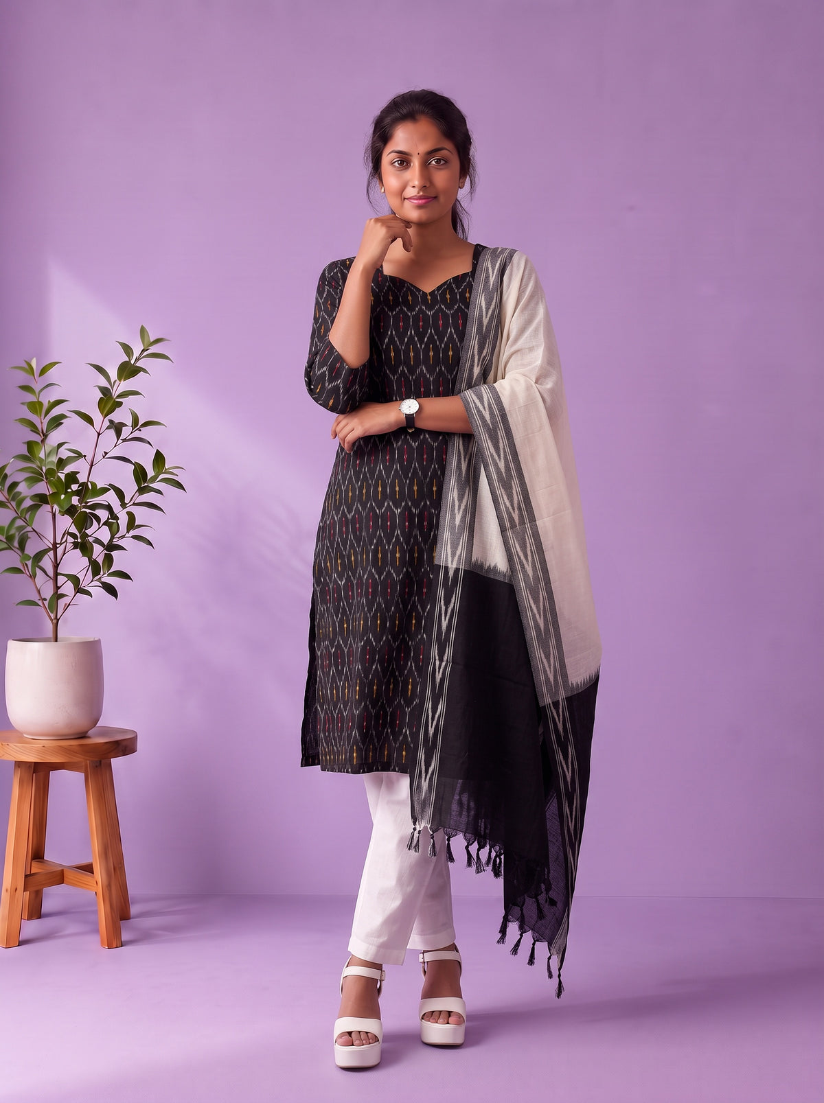 Premium Pochampally Ikat Handloom 3PC Kurti Set in Classic Black | Elegant Ready-to-Wear Ensemble