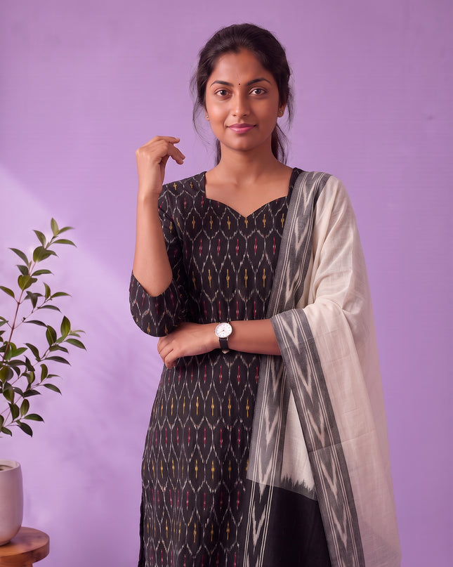 Premium Pochampally Ikat Handloom 3PC Kurti Set in Classic Black | Elegant Ready-to-Wear Ensemble