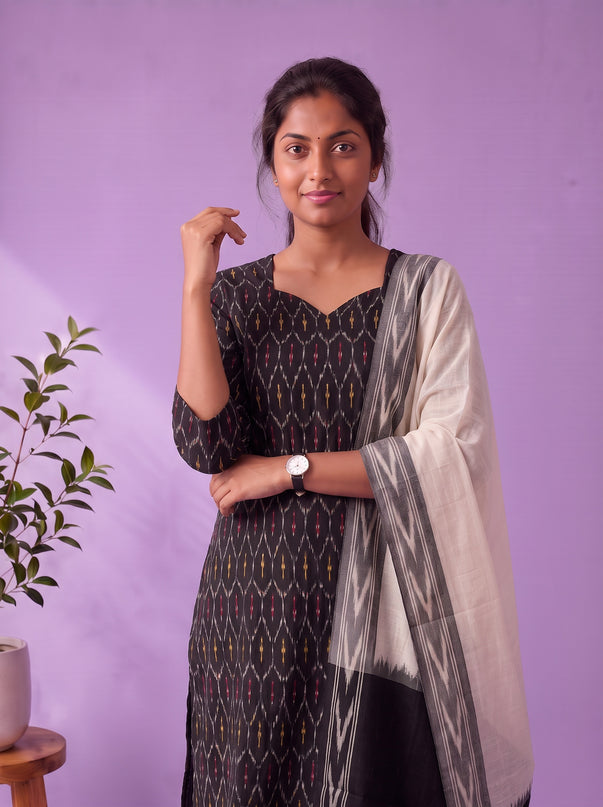 Premium Pochampally Ikat Handloom 3PC Kurti Set in Classic Black | Elegant Ready-to-Wear Ensemble