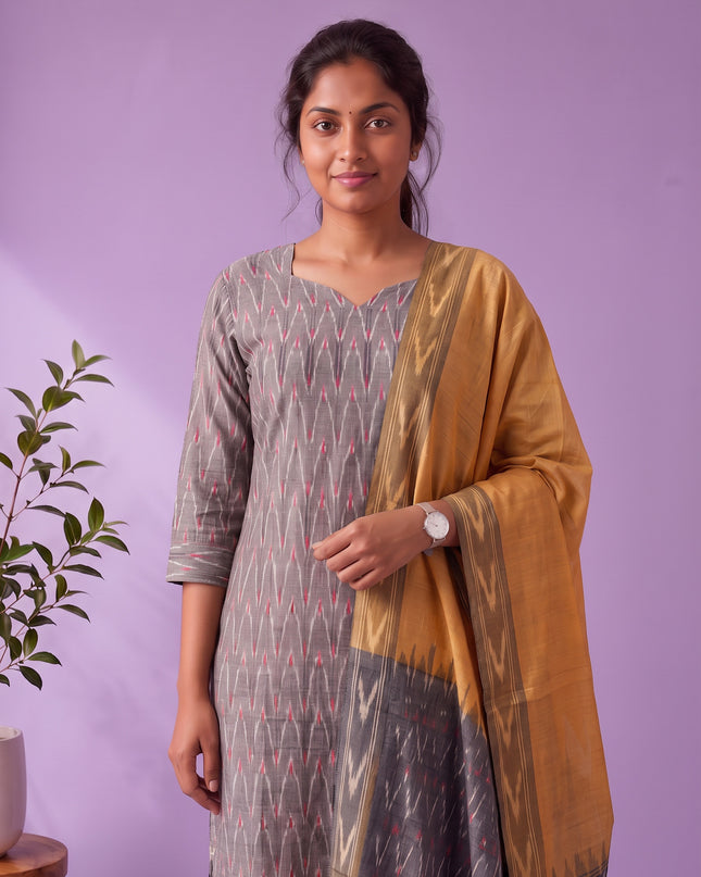 Premium Pochampally Ikat Handloom 3PC Kurti Set in Elegant Grey | Ready-to-Wear Ensemble