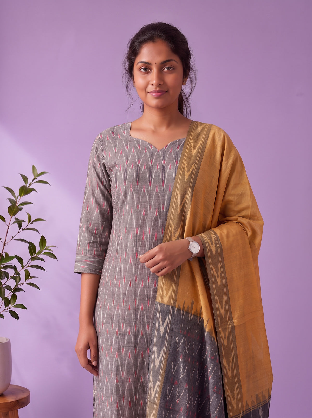 Premium Pochampally Ikat Handloom 3PC Kurti Set in Elegant Grey | Ready-to-Wear Ensemble
