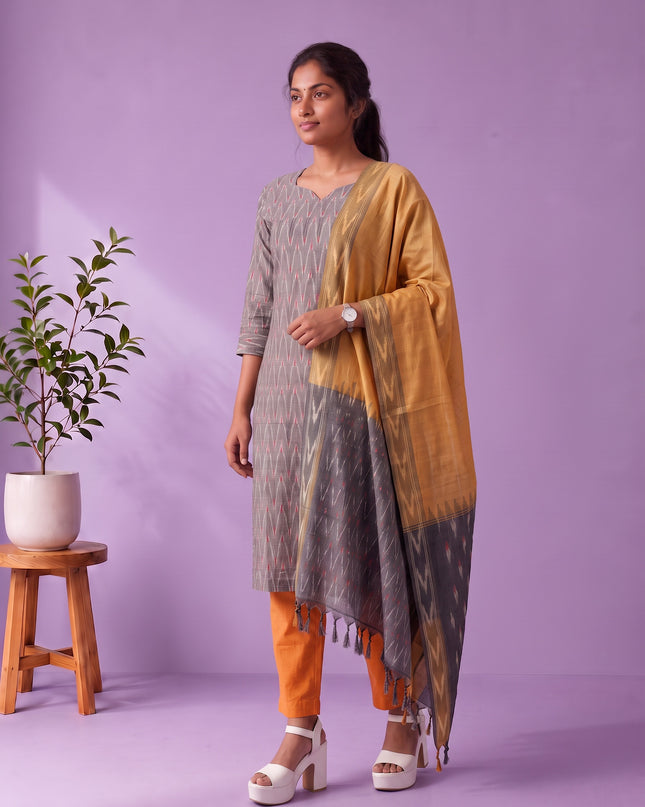 Premium Pochampally Ikat Handloom 3PC Kurti Set in Elegant Grey | Ready-to-Wear Ensemble