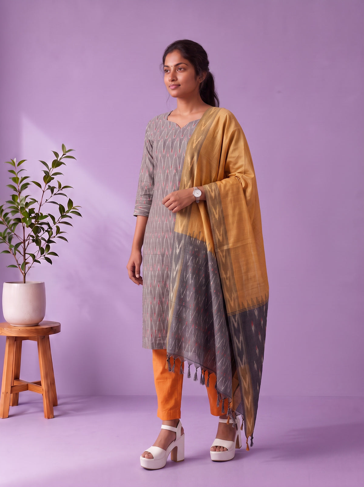 Premium Pochampally Ikat Handloom 3PC Kurti Set in Elegant Grey | Ready-to-Wear Ensemble