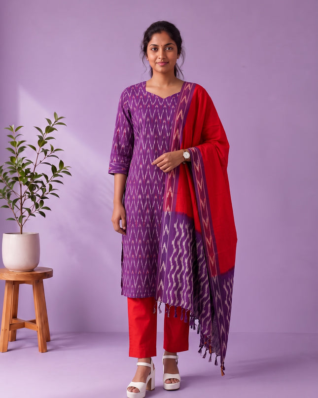 Premium Pochampally Ikat Handloom 3PC Kurti Set in Royal Purple | Elegant Ready-to-Wear Ensemble