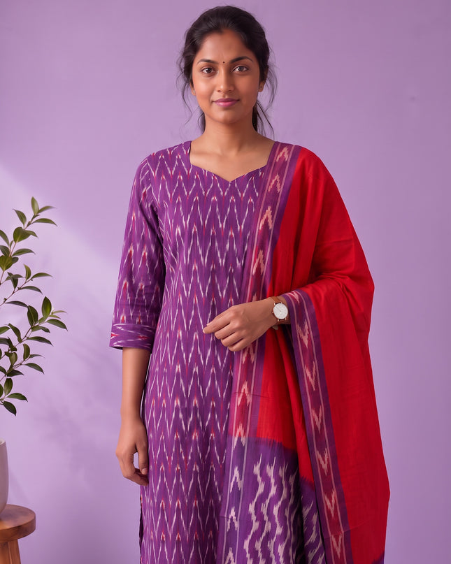 Premium Pochampally Ikat Handloom 3PC Kurti Set in Royal Purple | Elegant Ready-to-Wear Ensemble