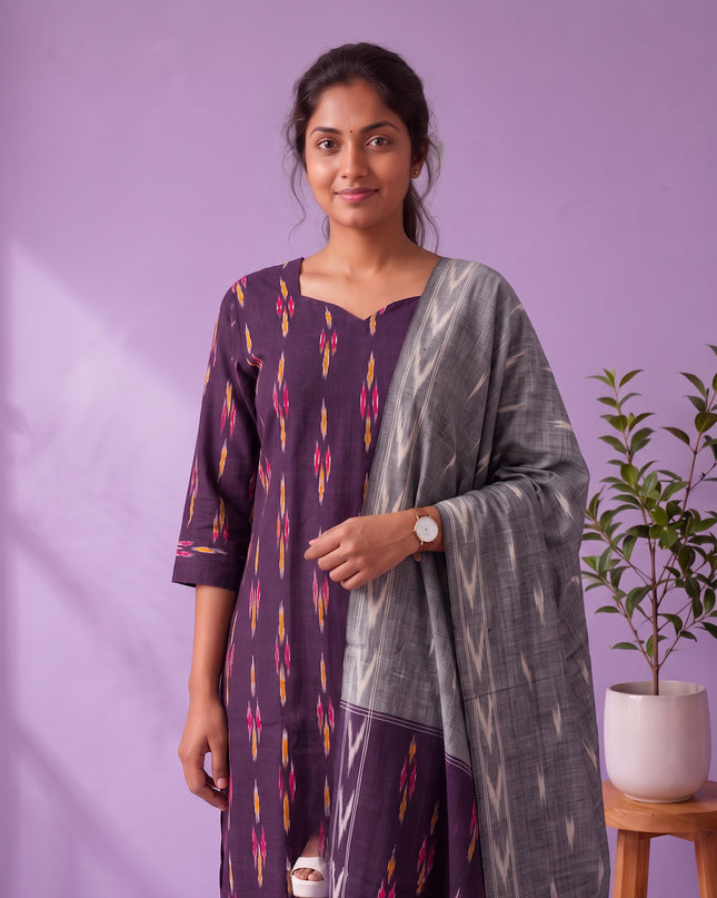 Premium Pochampally Ikat Handloom 3PC Kurti Set in Royal Purple | Elegant Ready-to-Wear Ensemble