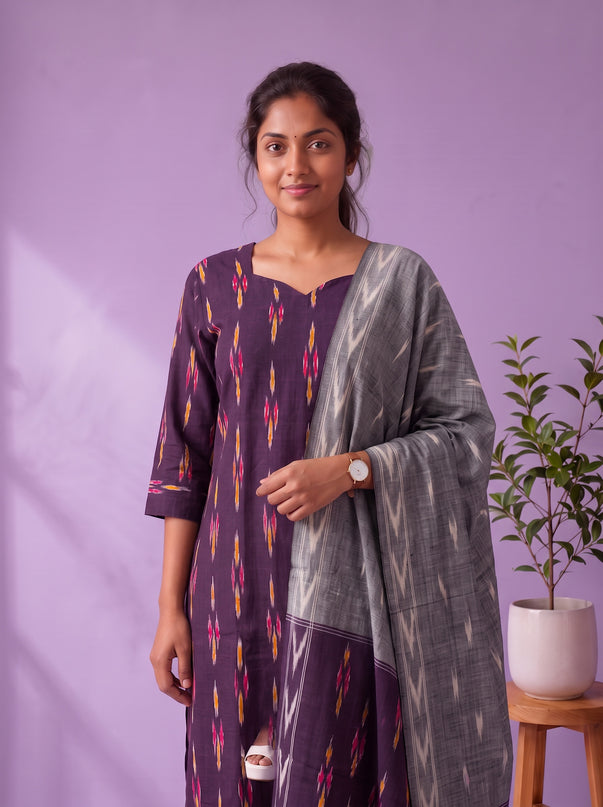 Premium Pochampally Ikat Handloom 3PC Kurti Set in Royal Purple | Elegant Ready-to-Wear Ensemble