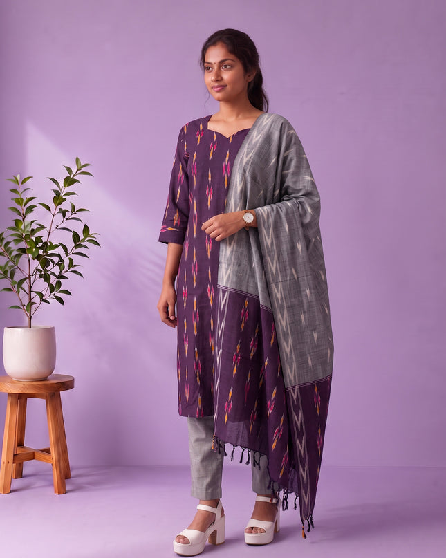 Premium Pochampally Ikat Handloom 3PC Kurti Set in Royal Purple | Elegant Ready-to-Wear Ensemble