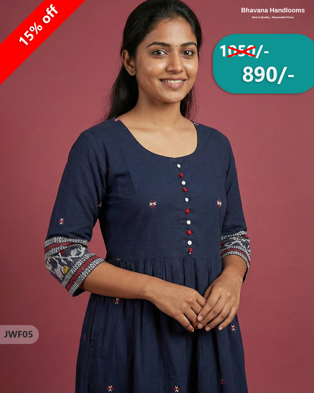 Exclusive Premium Jacquard Woven Frock in Dark Blue | 120 Count Fabric | Limited Edition