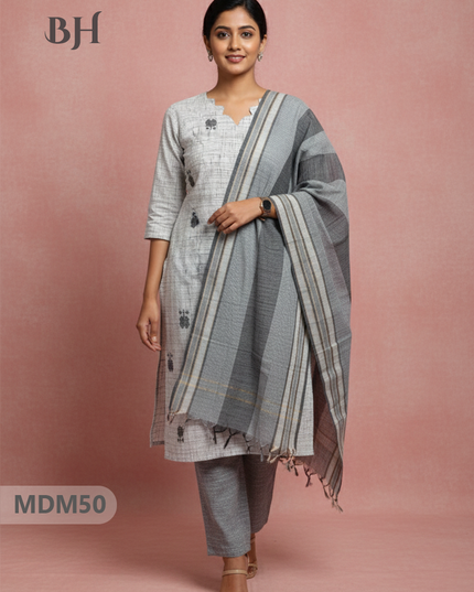 Handloom Jacquard 3pc Suit Set – Natural Grey with Pocket, Elastic Bottom & Full Lining